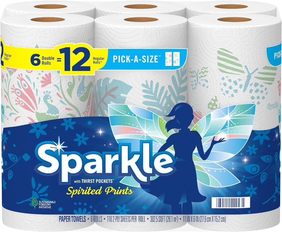 Sparkle Pick-A-Size Paper Towels Spirited Prints 6 Double Rolls = 12 Regula