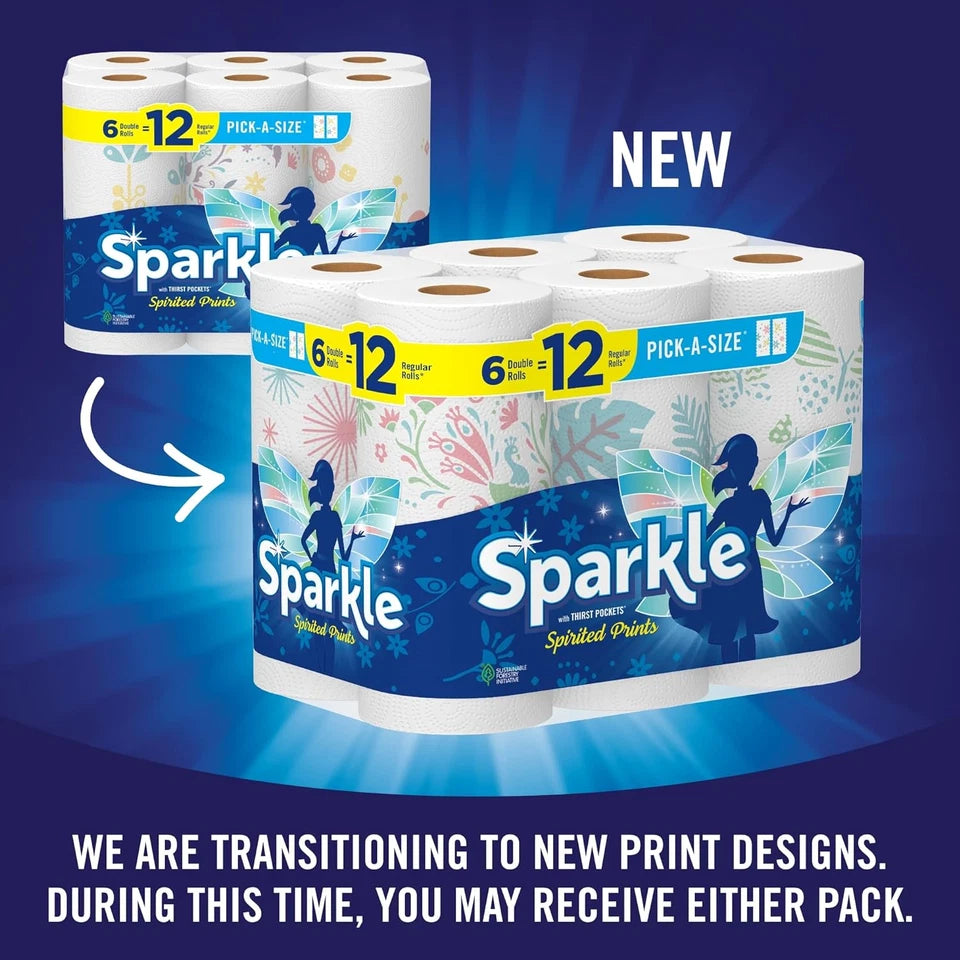 Sparkle Pick-A-Size Paper Towels Spirited Prints 6 Double Rolls = 12 Regula